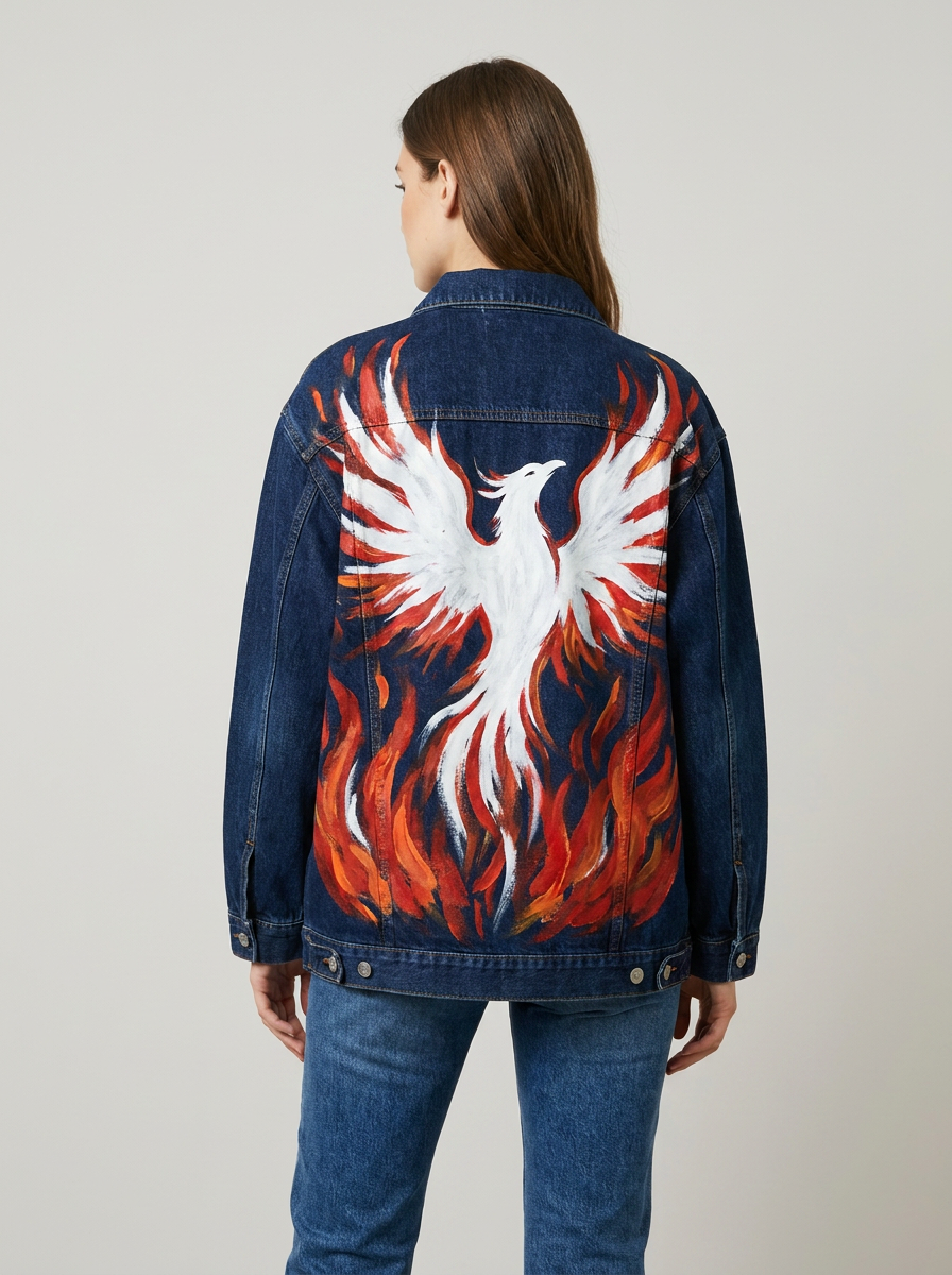 Hand-painted denim jacket seen from the back